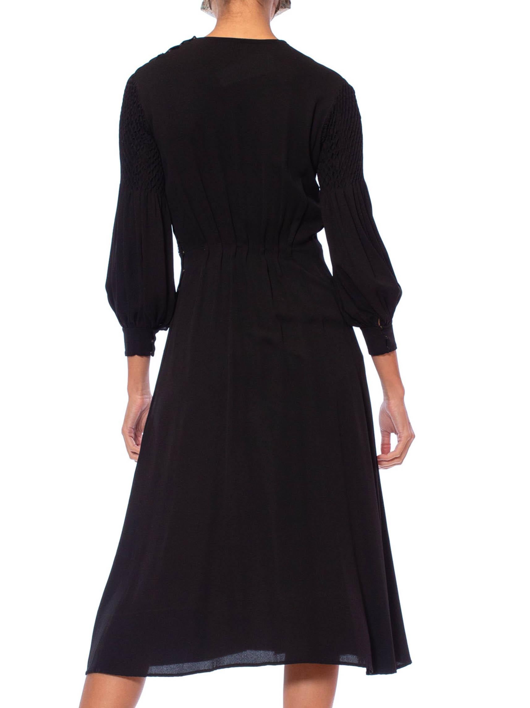 1930S Black Silk Crepe De Chine Hand Smocked Long Sleeve Boho Dress For Sale 3