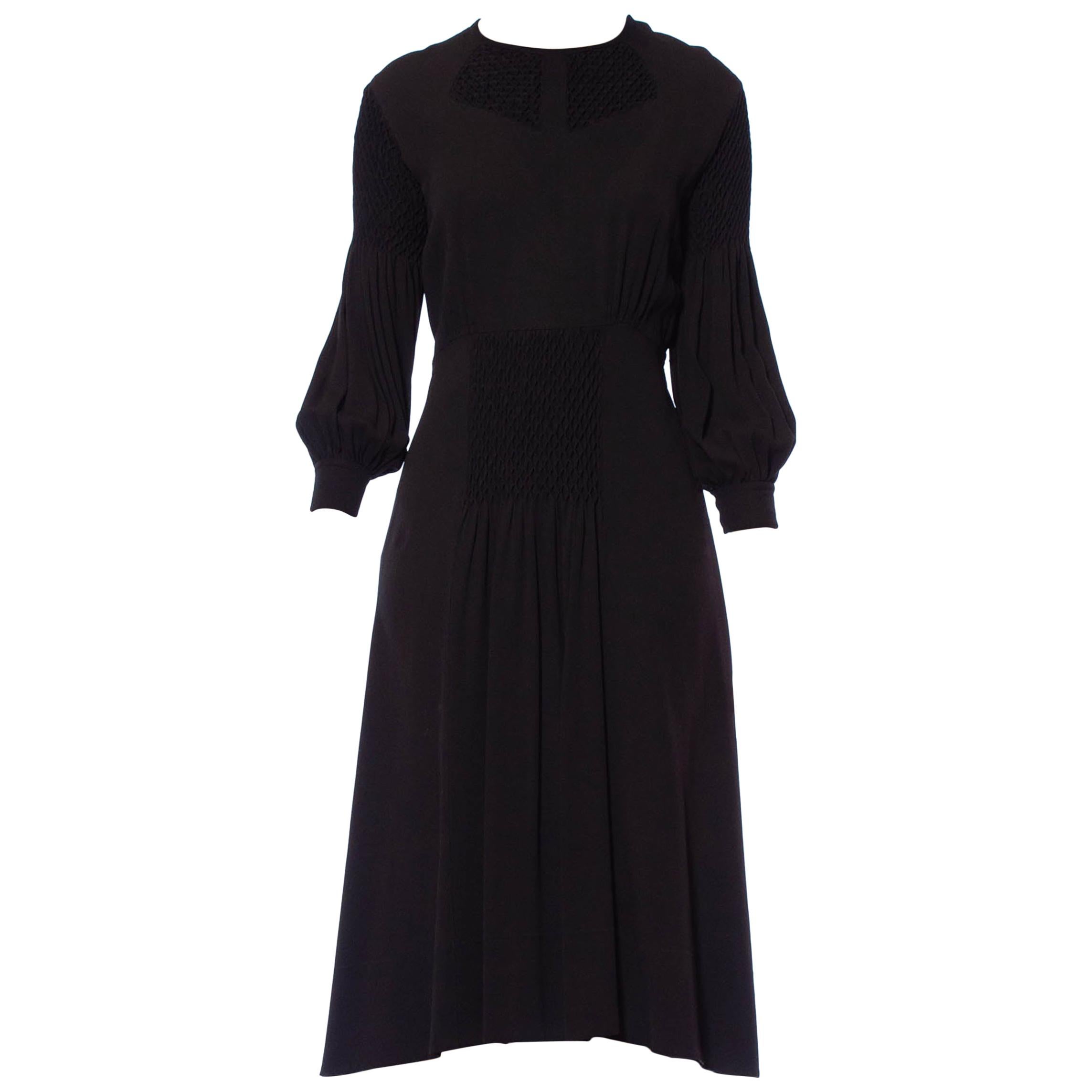Abito boho a maniche lunghe in crepe de chine di seta nero 1930S con lavorazione a mano