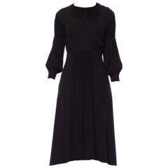 Vintage 1930S Black Silk Crepe De Chine Hand Smocked Long Sleeve Boho Dress
