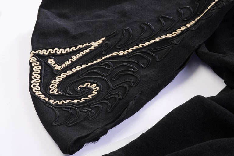 1930s Black Silk Crepe Gown With Kimono Style Embroidered Soutache Sleeves  For Sale 3