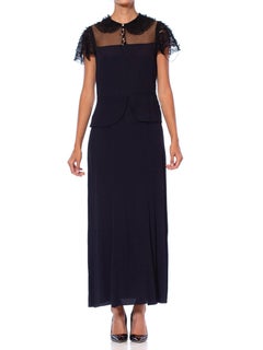 1930S Black Silk Crepe Jacquard Dress With Sheer Net Yoke & Lace Ruffle Sleeves