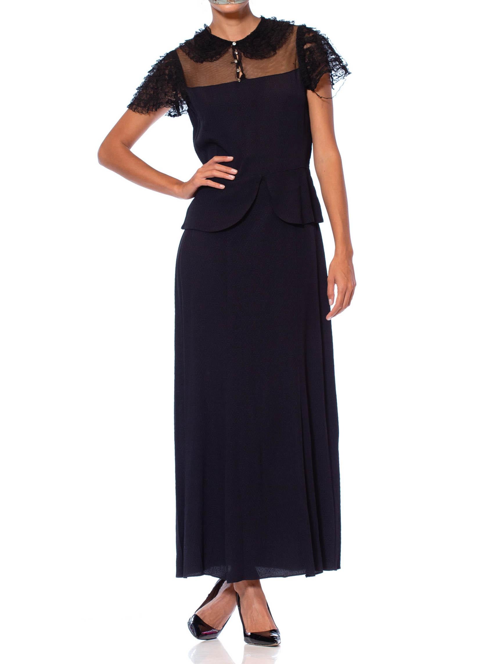 1930S Black Silk Crepe Jacquard Dress With Sheer Net Yoke & Lace Ruffle Sleeves For Sale 1