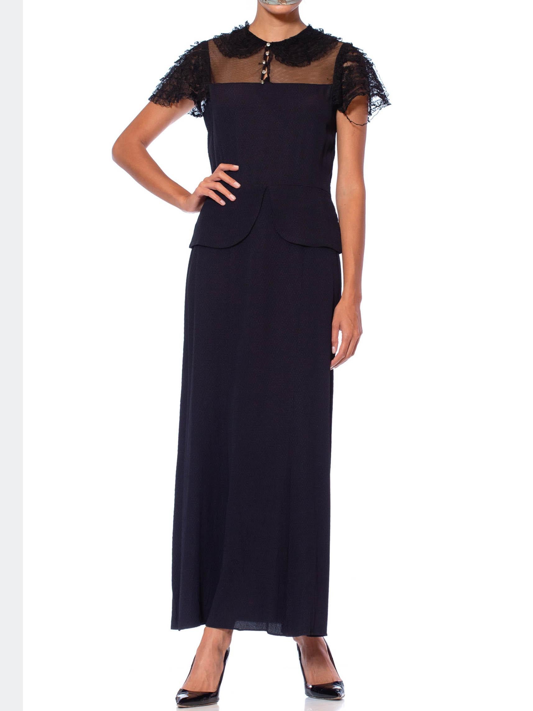 1930S Black Silk Crepe Jacquard Dress With Sheer Net Yoke & Lace Ruffle Sleeves For Sale 3
