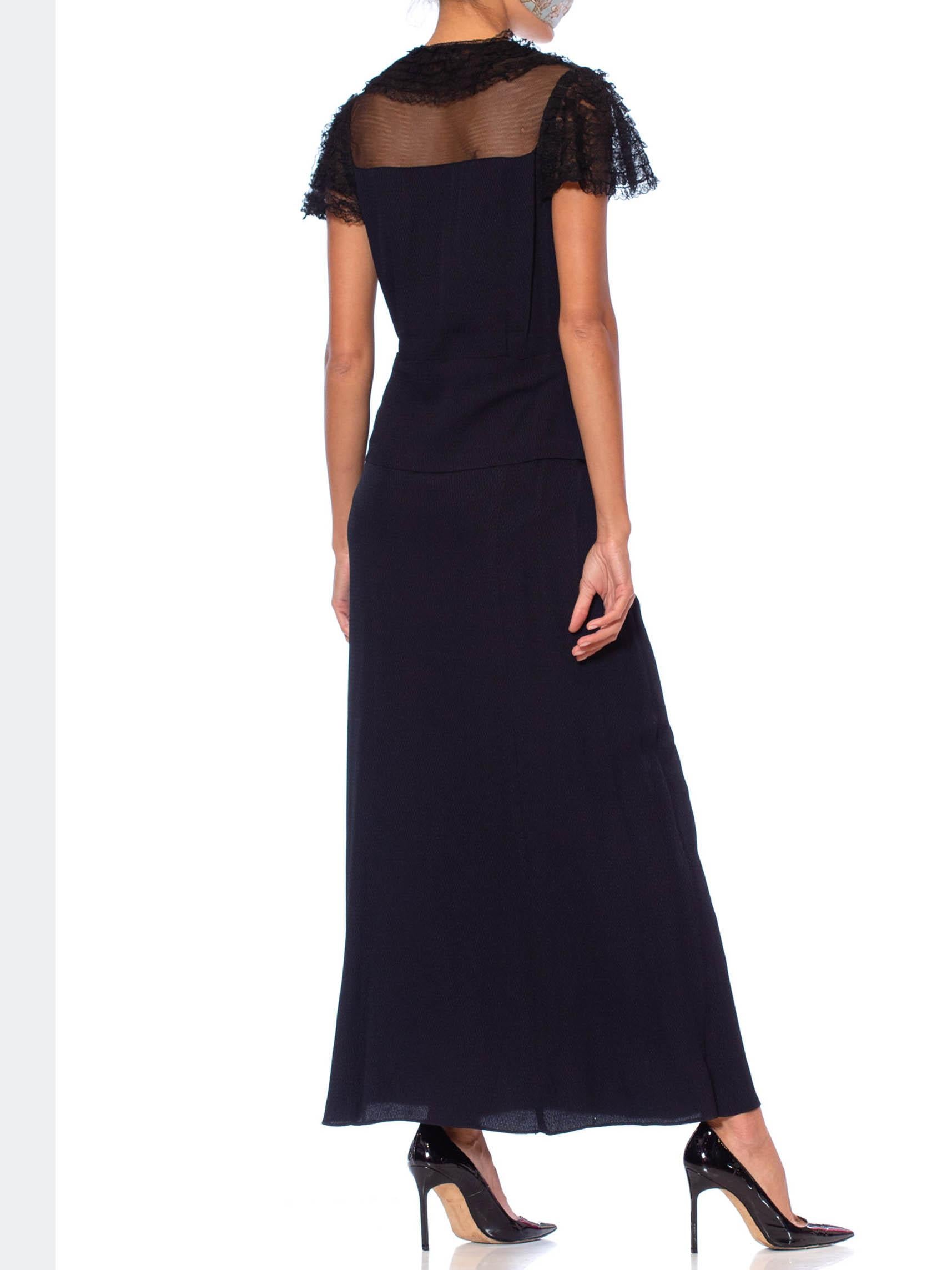 1930S Black Silk Crepe Jacquard Dress With Sheer Net Yoke & Lace Ruffle Sleeves For Sale 4