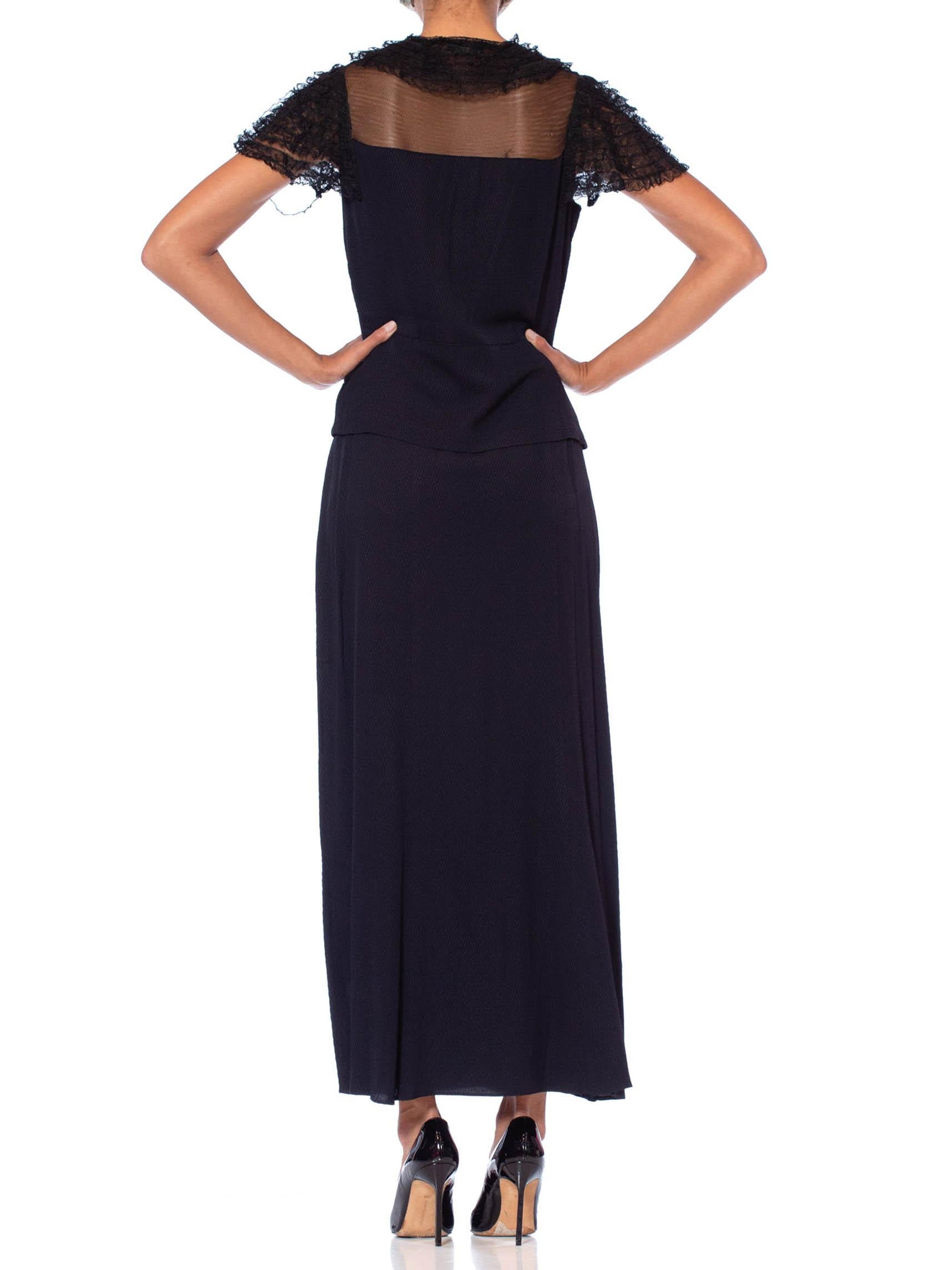 1930S Black Silk Crepe Jacquard Dress With Sheer Net Yoke & Lace Ruffle Sleeves For Sale 5