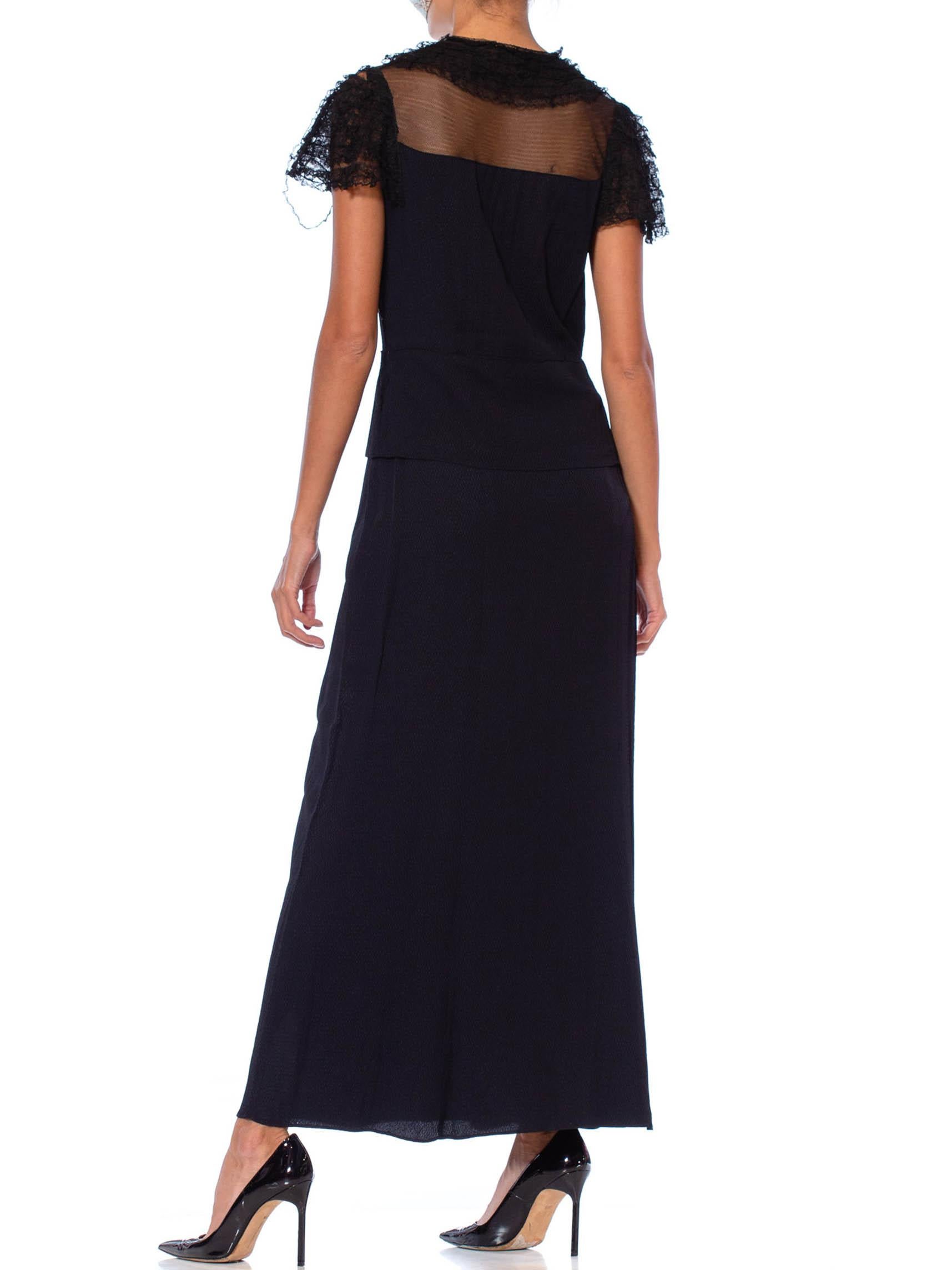 1930S Black Silk Crepe Jacquard Dress With Sheer Net Yoke & Lace Ruffle Sleeves For Sale 6
