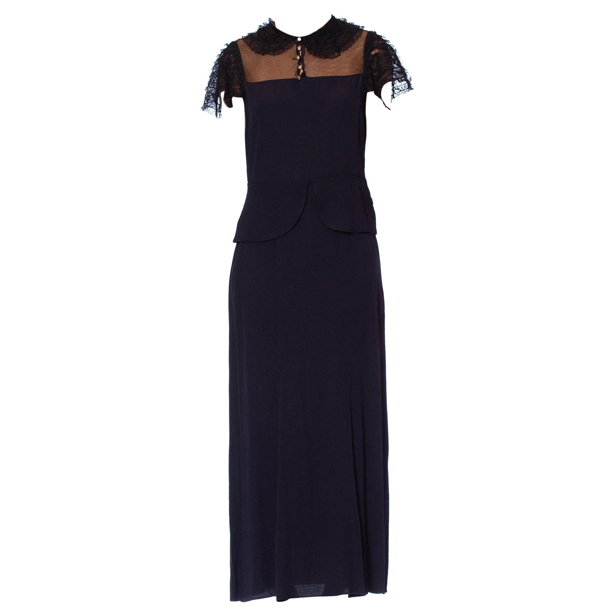 1930S Black Silk Crepe Jacquard Dress With Sheer Net Yoke & Lace Ruffle Sleeves For Sale