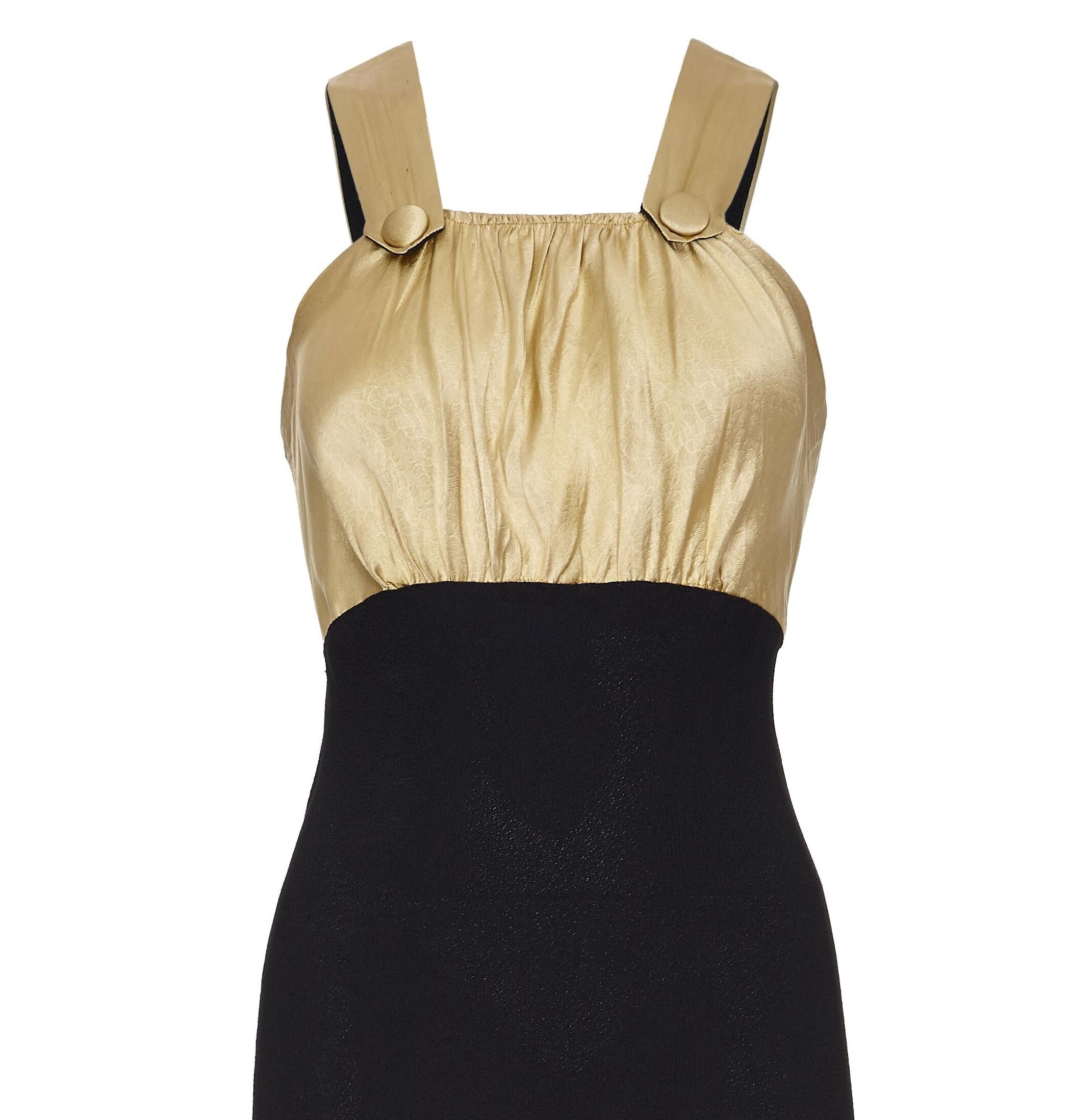 1930s Black Silk Dress with Embossed Gold Bodice In Excellent Condition For Sale In London, GB