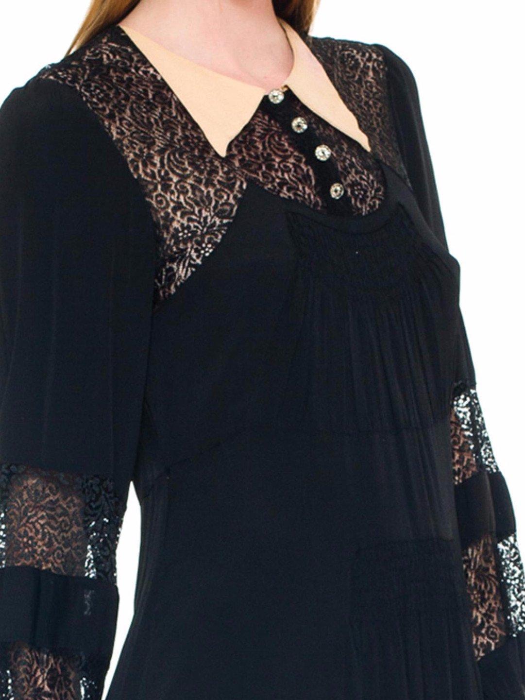 Women's 1930S Black Silk Faille & Lace Collared Dress With Sleeves Deco Glass Buttons For Sale