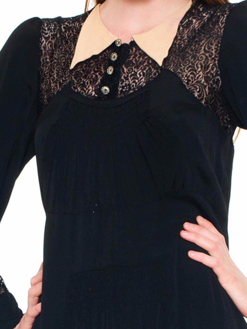 1930S Black Silk Faille & Lace Collared Dress With Sleeves Deco Glass Buttons For Sale 1