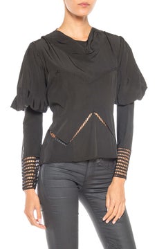 1930S Black Silk Couture Art Deco Blouse With Medieval Inspired Sleeves