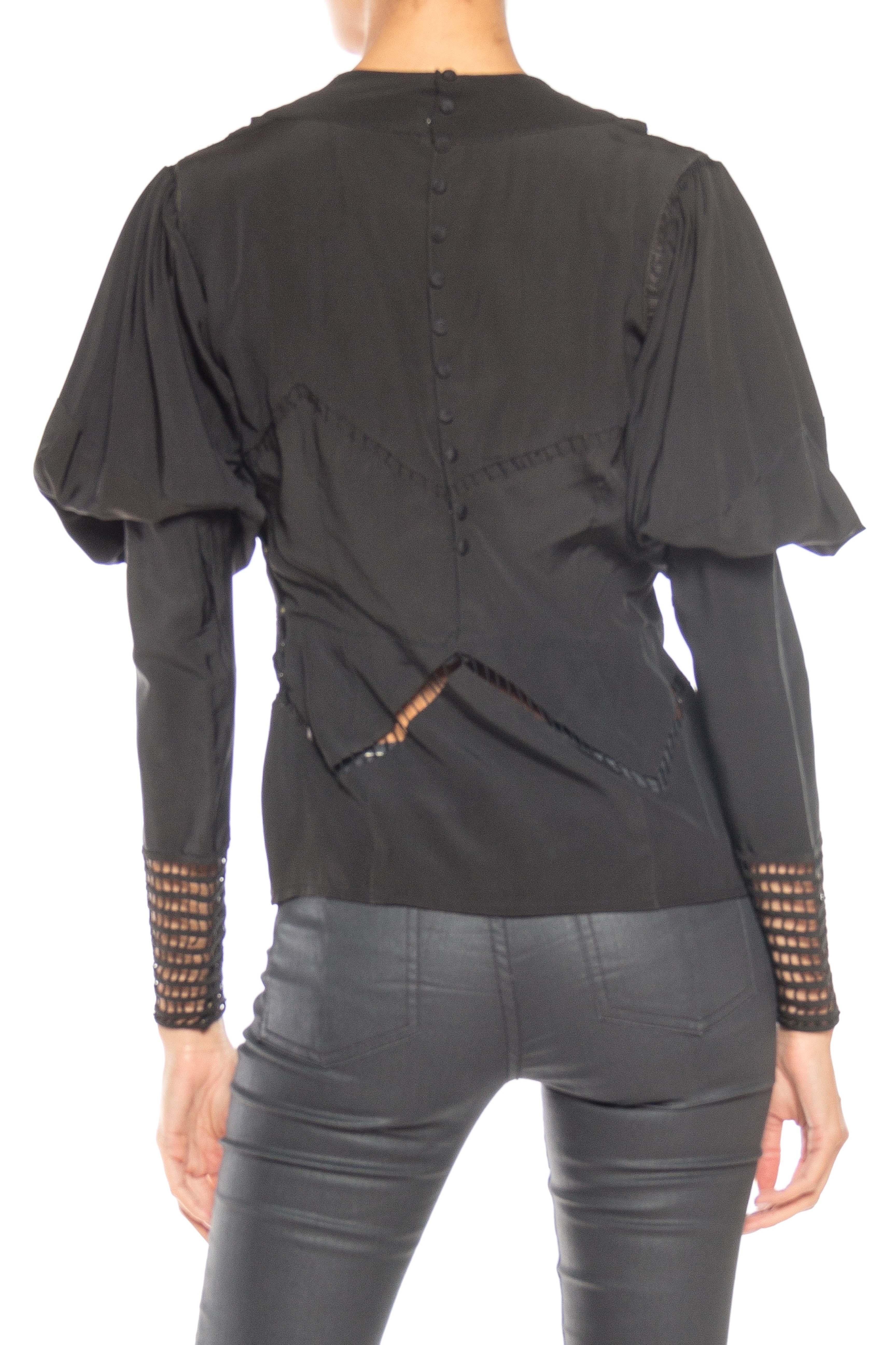 Women's 1930S Black Silk Couture Art Deco Blouse With Medieval Inspired Sleeves For Sale