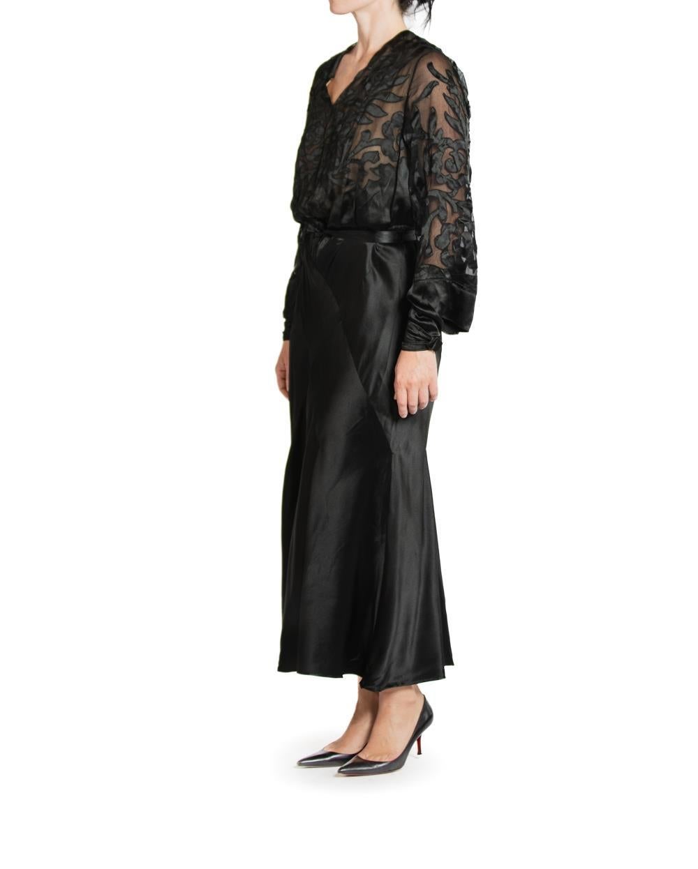 1930S Black Silk Satin Bias Cut Long Sleeve Gown In Excellent Condition For Sale In New York, NY