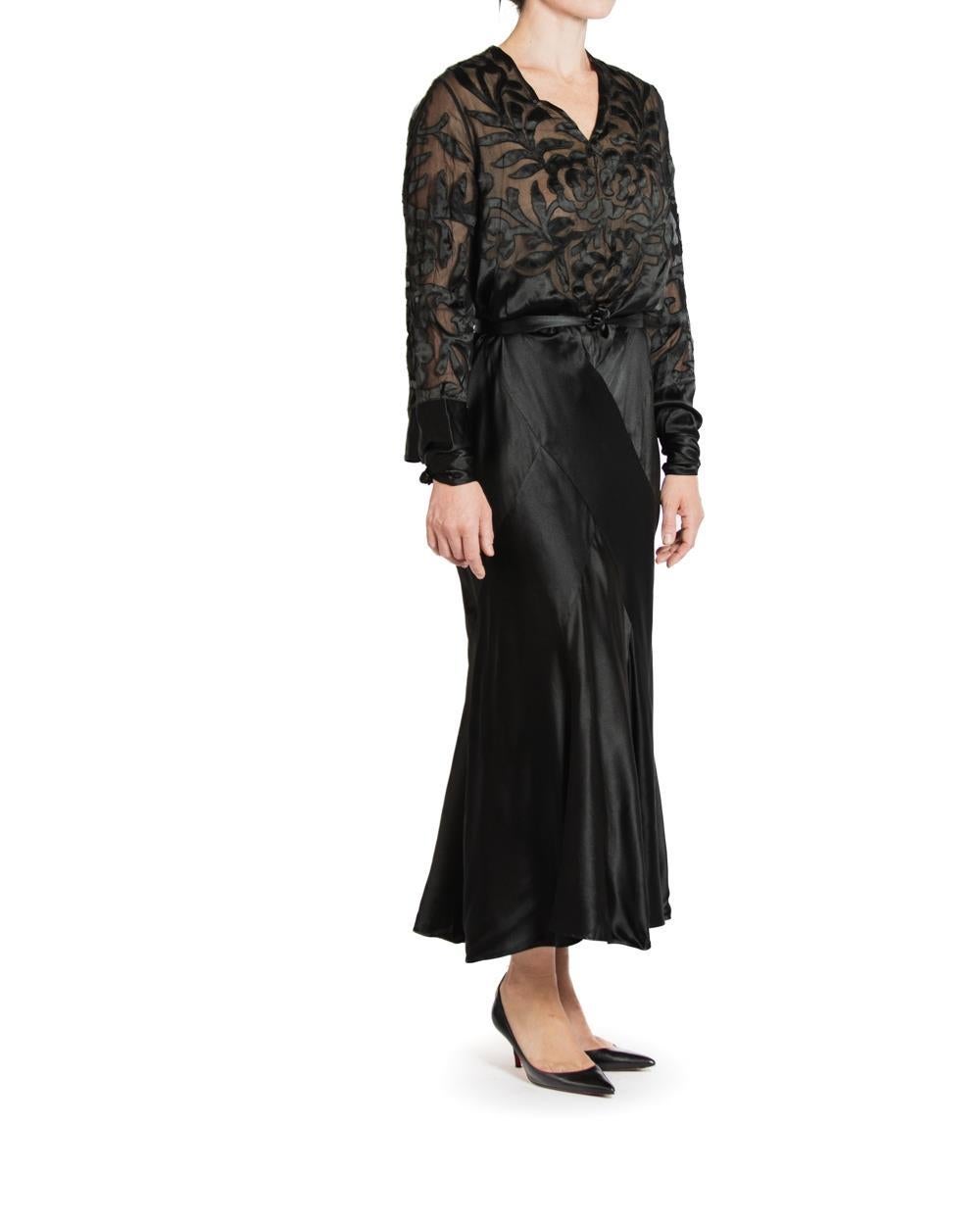 Women's 1930S Black Silk Satin Bias Cut Long Sleeve Gown For Sale