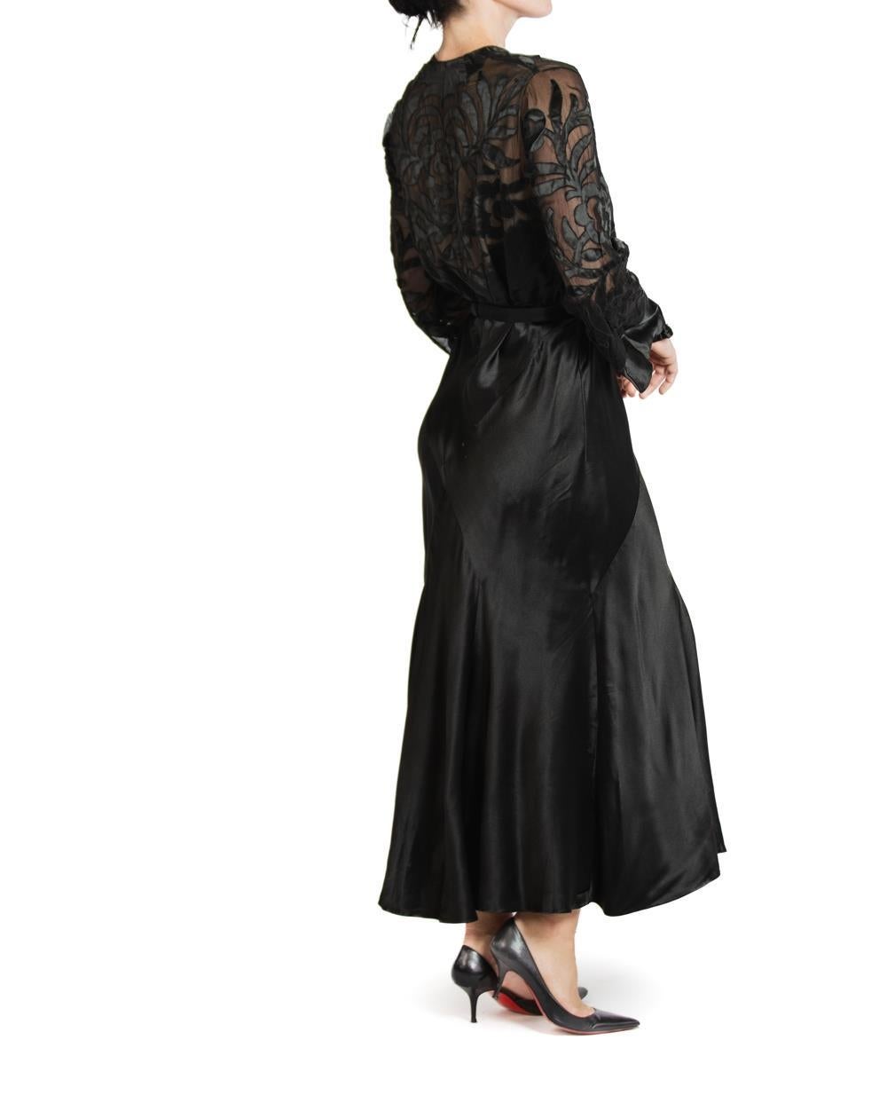 1930S Black Silk Satin Bias Cut Long Sleeve Gown For Sale 1