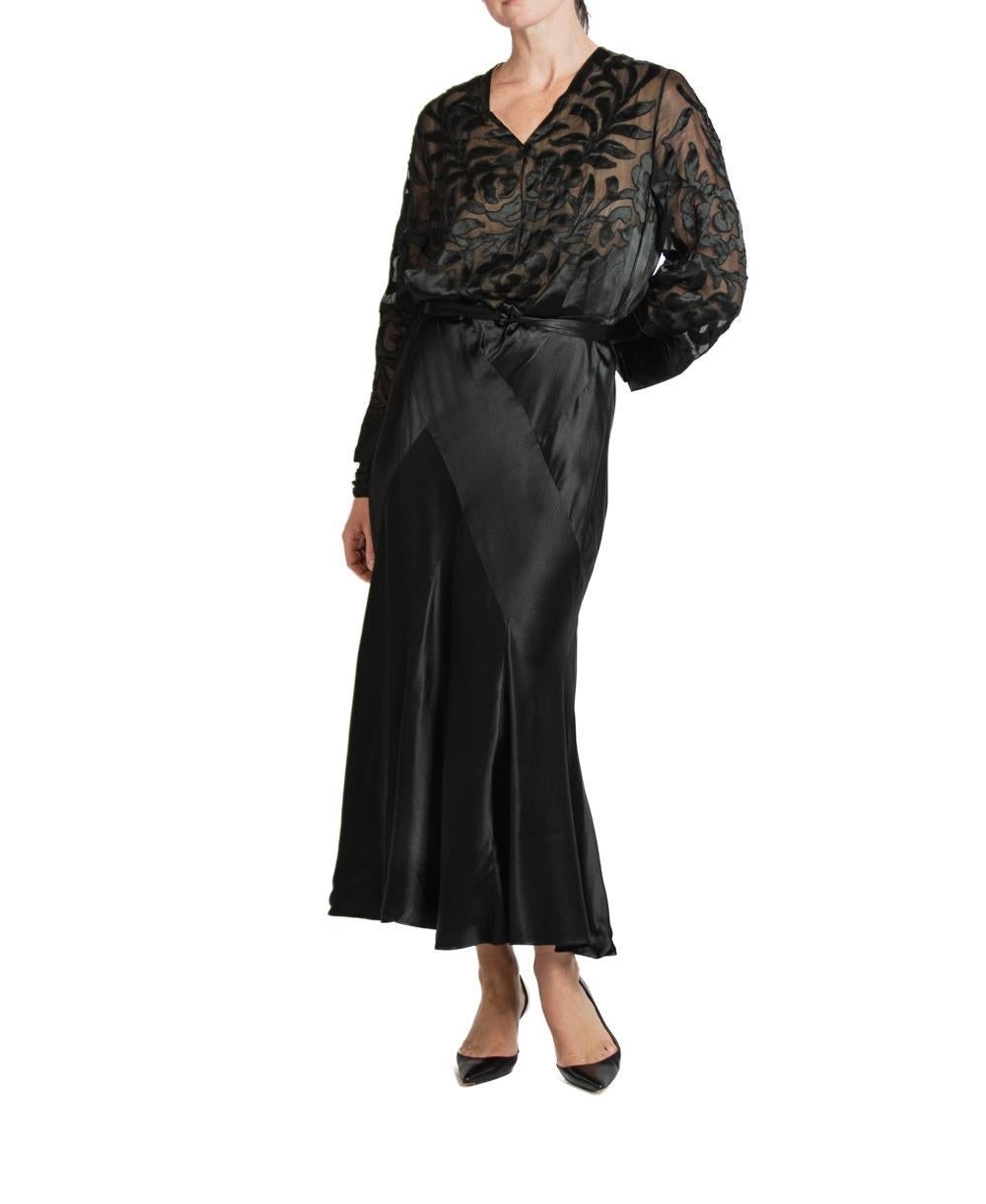 1930S Black Silk Satin Bias Cut Long Sleeve Gown For Sale 2