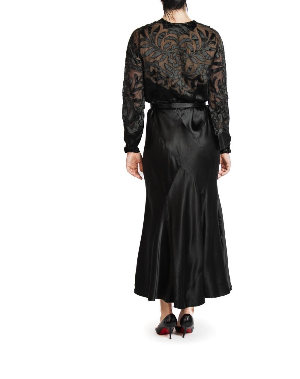 1930S Black Silk Satin Bias Cut Long Sleeve Gown For Sale 3