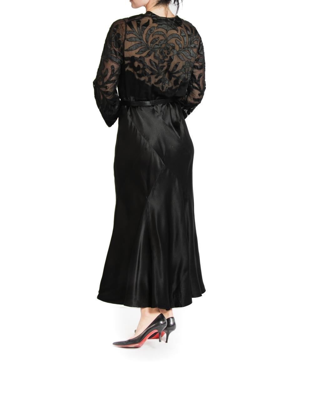 1930S Black Silk Satin Bias Cut Long Sleeve Gown For Sale 4