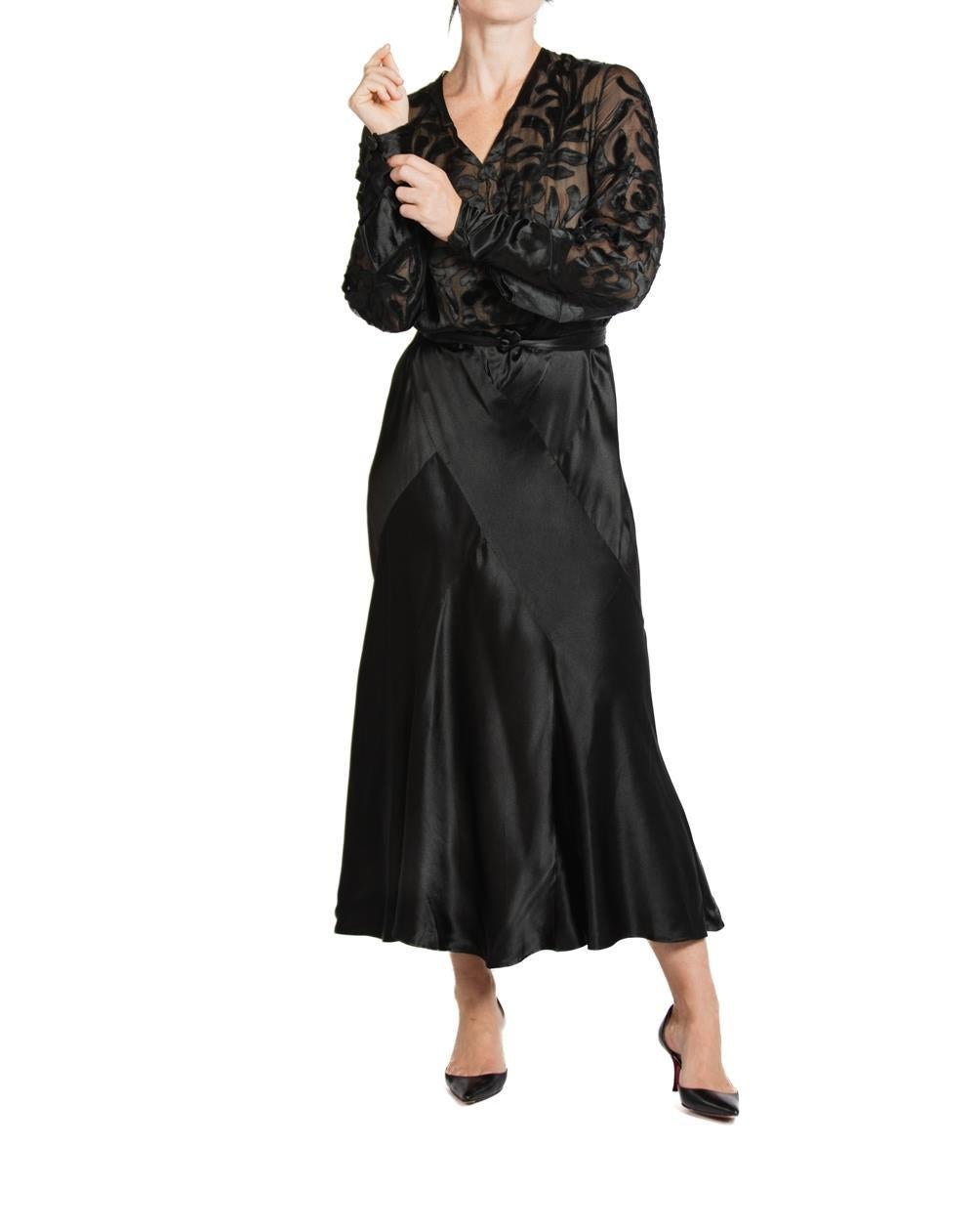1930S Black Silk Satin Bias Cut Long Sleeve Gown For Sale 5