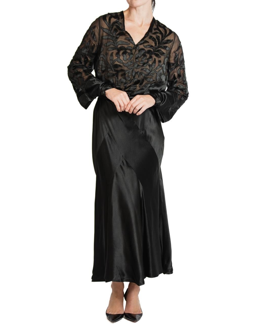 1930S Black Silk Satin Bias Cut Long Sleeve Gown For Sale 6