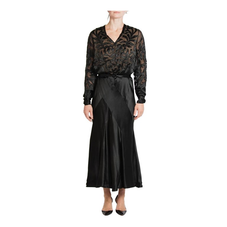 1930s Black Silk Satin Bias Cut Long Sleeve Gown 1930s Black Silk Satin Bias Cut Long Sleeve Gown