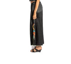 1930S Black Silk Satin Pajama Lounge Pants With Amazing Embroidered Parrots