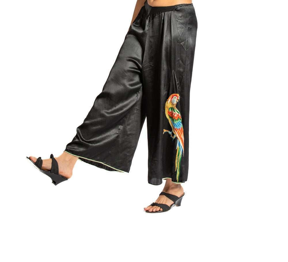 1930S Black Silk Satin Pajama Lounge Pants With Amazing Embroidered Parrots For Sale 1