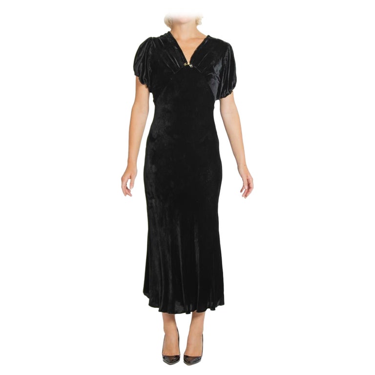 1930S Black Silk Velvet Gown With Art Deco Detail For Sale at 1stDibs