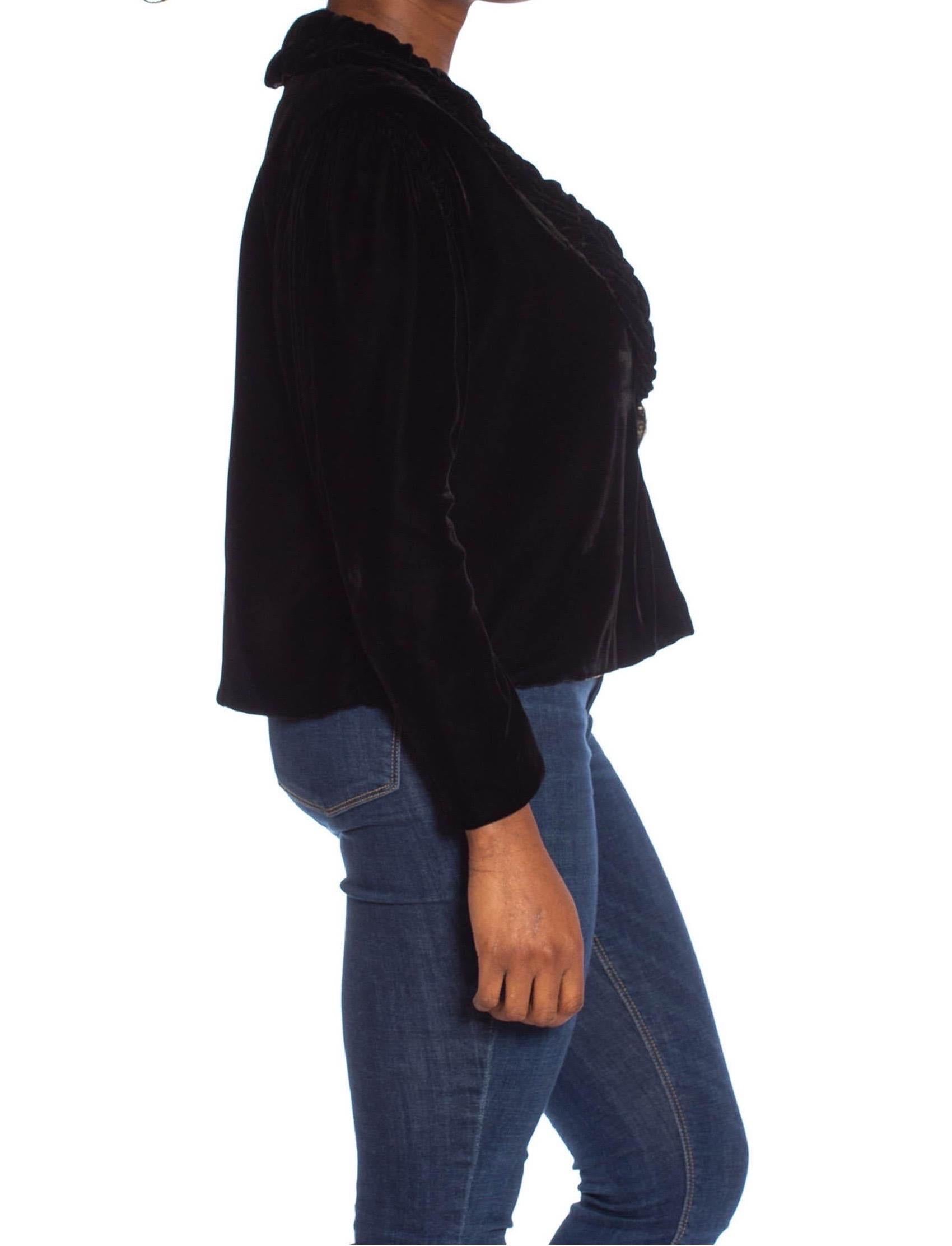 Women's 1930S Black Silk Velvet Shawl Collar Evening Jacket With Art Deco Clasp For Sale
