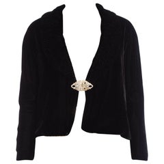 Vintage 1930S Black Silk Velvet Shawl Collar Evening Jacket With Art Deco Clasp