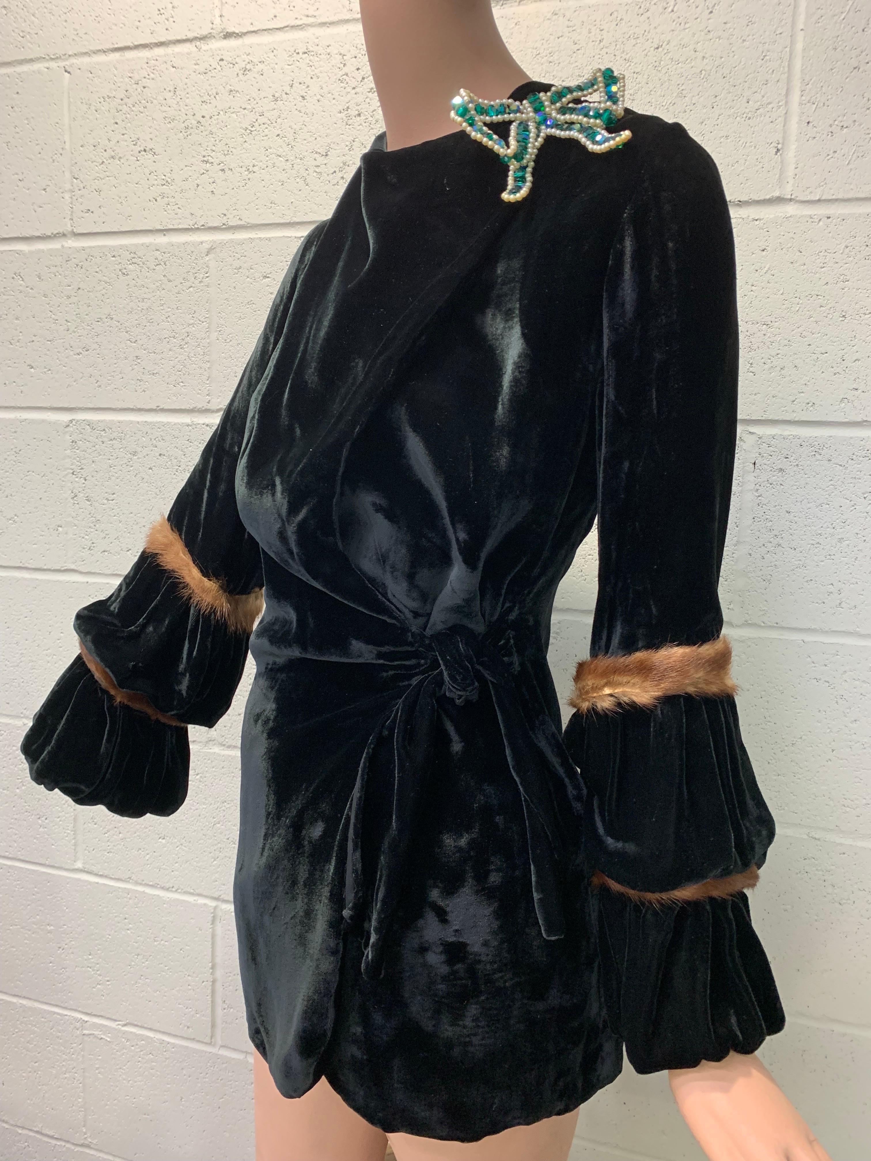 1930s Black Silk Velvet Wrap Jacket w Lantern Sleeves Trimmed in Mink w Brooch:  Fully lined in ivory silk crepe, this stunning evening jacket with a high optional button closure at neck, is from The Gown Shop - Meier and Frank Co. Emerald green