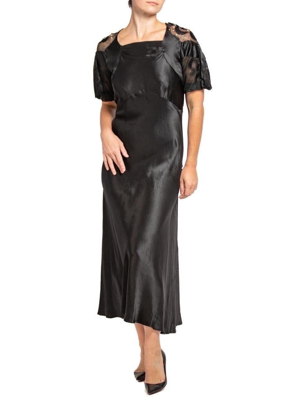 1930S Black Silk With Lace Bias Cut Dress For Sale 1