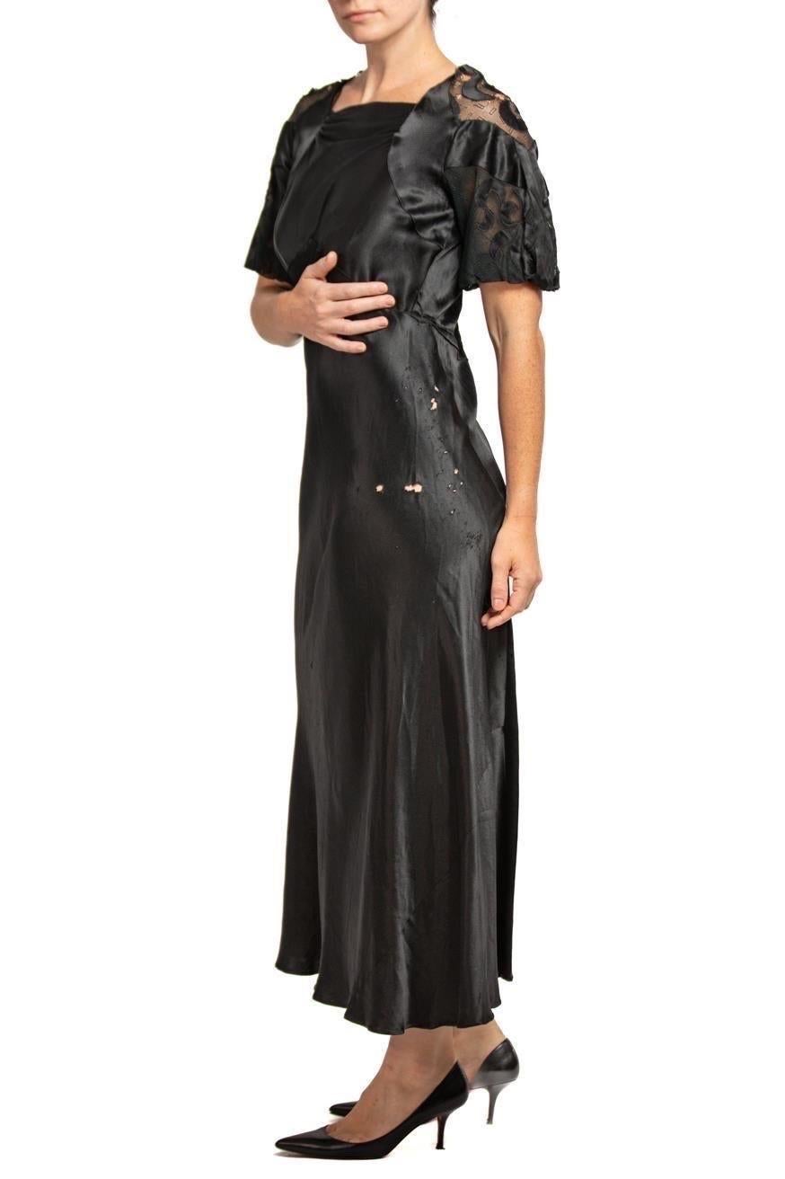 1930S Black Silk With Lace Bias Cut Dress For Sale 4