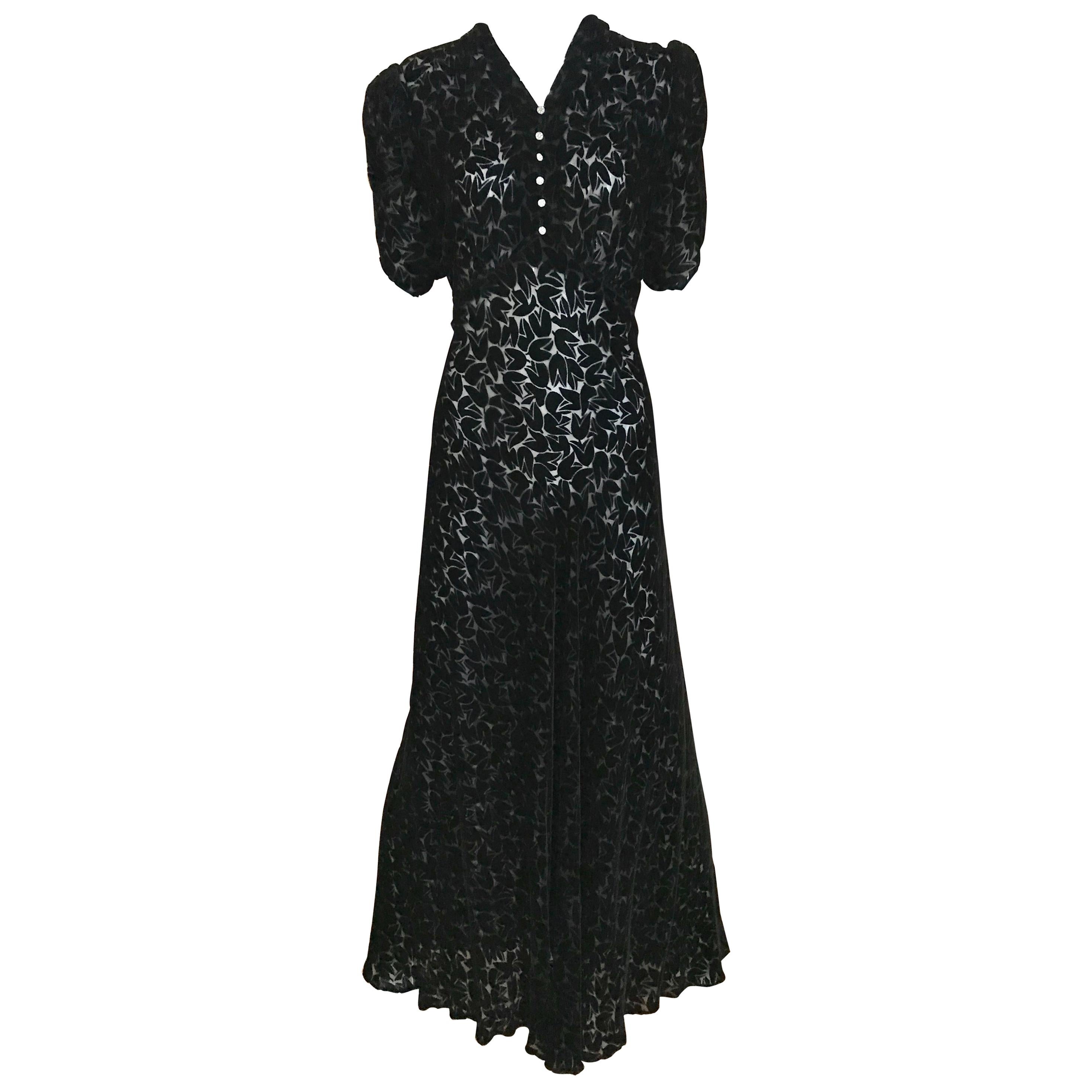 1930s Black Tulip Motif Velvet Burnout Dress at 1stDibs | 1950s dresses
