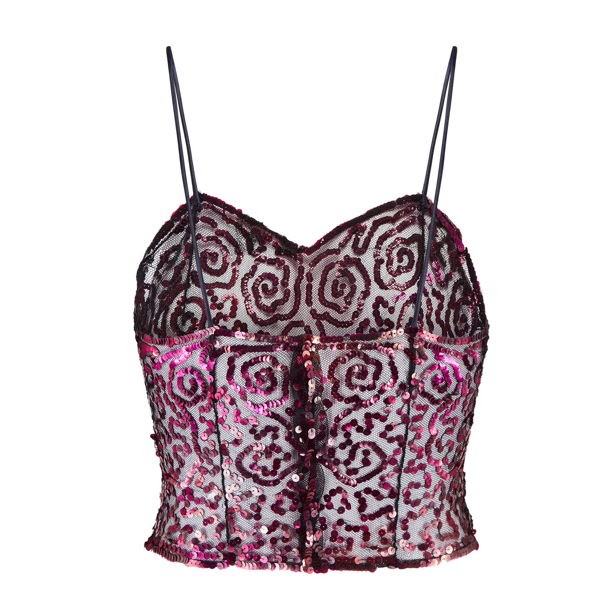 Grigio Top Cami anni '30 in tulle nero e paillettes rosa in vendita