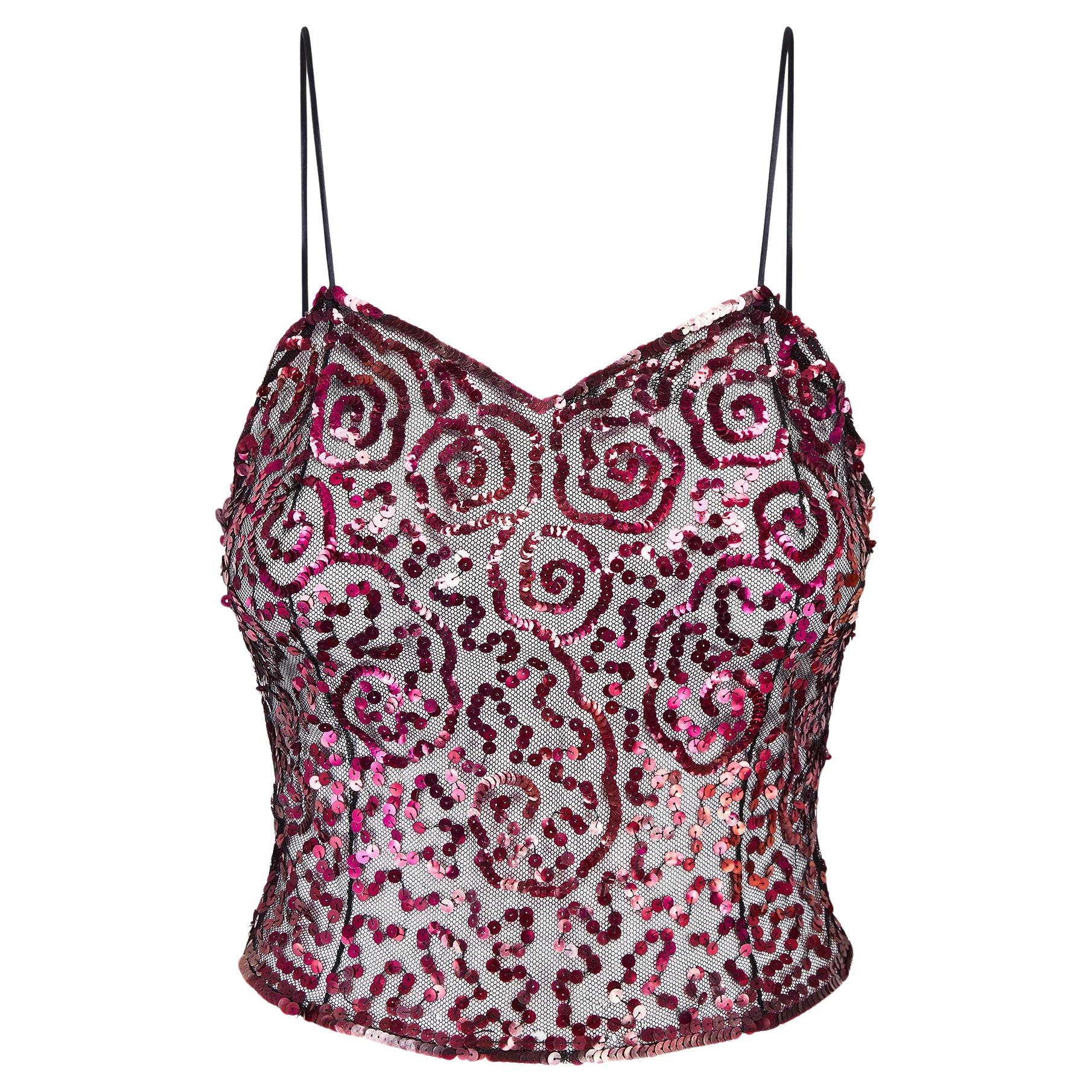 Top Cami anni '30 in tulle nero e paillettes rosa in vendita