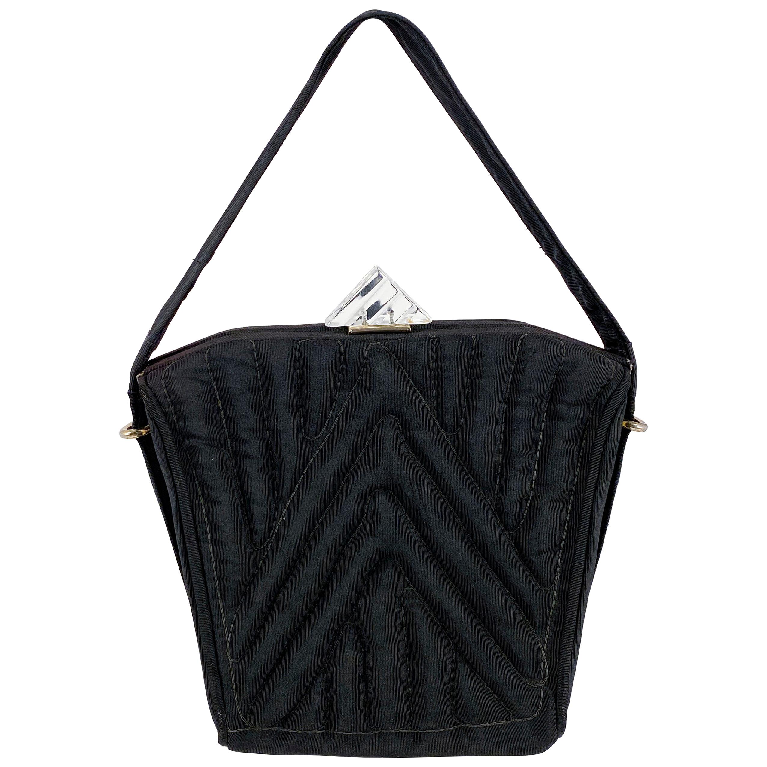1930s Black Twill Quilted Trapunto Handbag with Lucite Closure