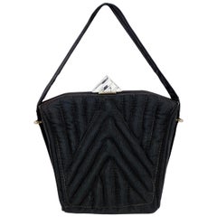 Vintage 1930s Black Twill Quilted Trapunto Handbag with Lucite Closure