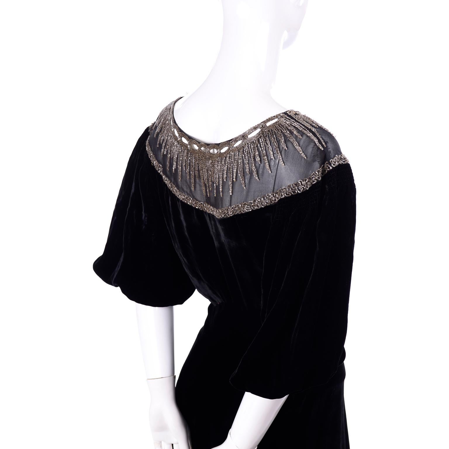 1930s Black Velvet Beaded Evening Dress With Illusion Bodice  In Good Condition In Portland, OR