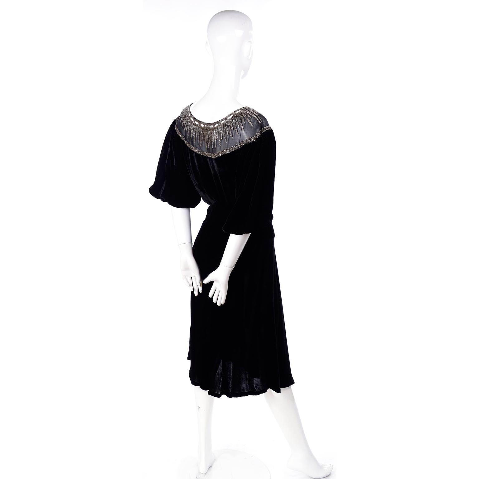 Women's 1930s Black Velvet Beaded Evening Dress With Illusion Bodice 