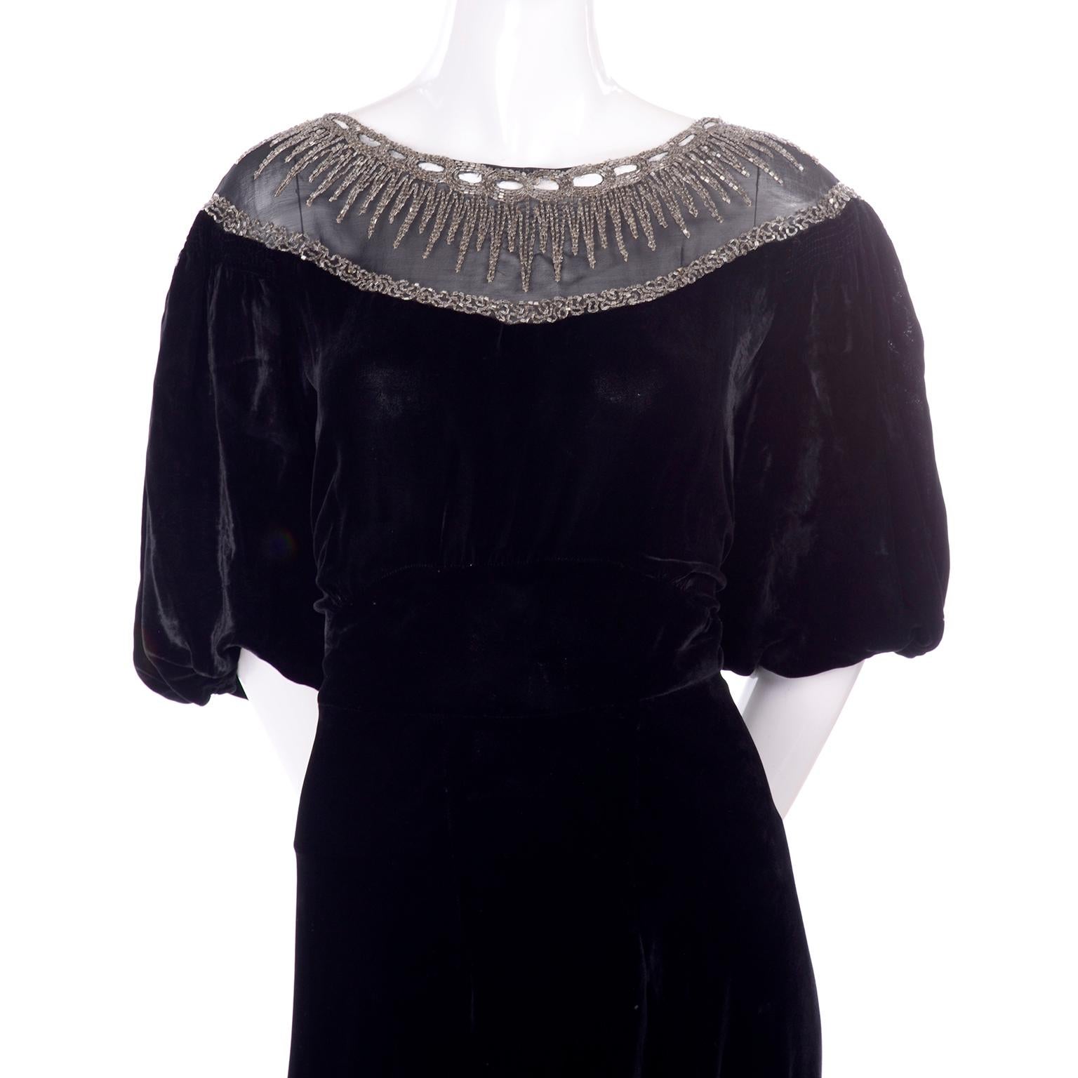 1930s Black Velvet Beaded Evening Dress With Illusion Bodice  1