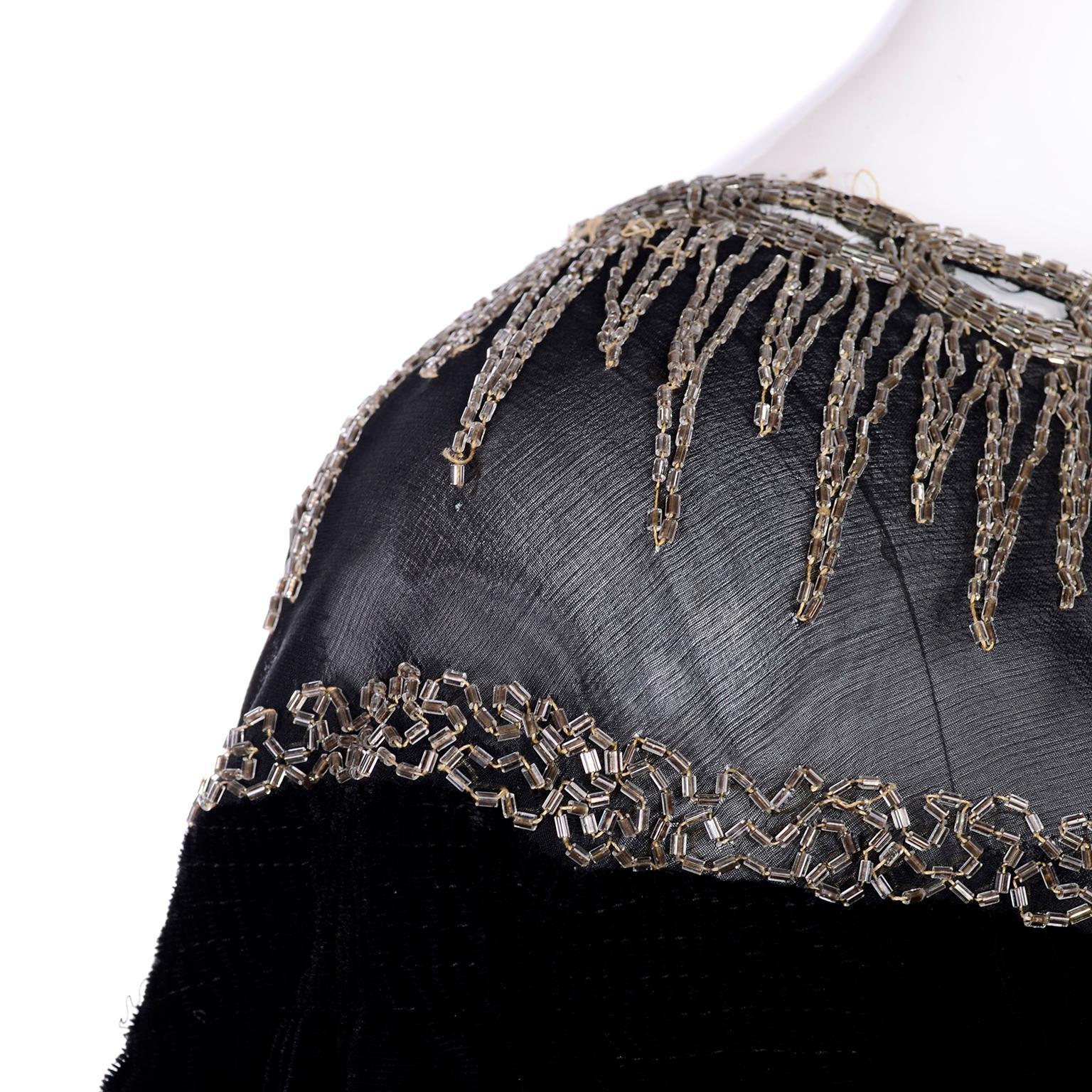 1930s Black Velvet Beaded Evening Dress With Illusion Bodice  2