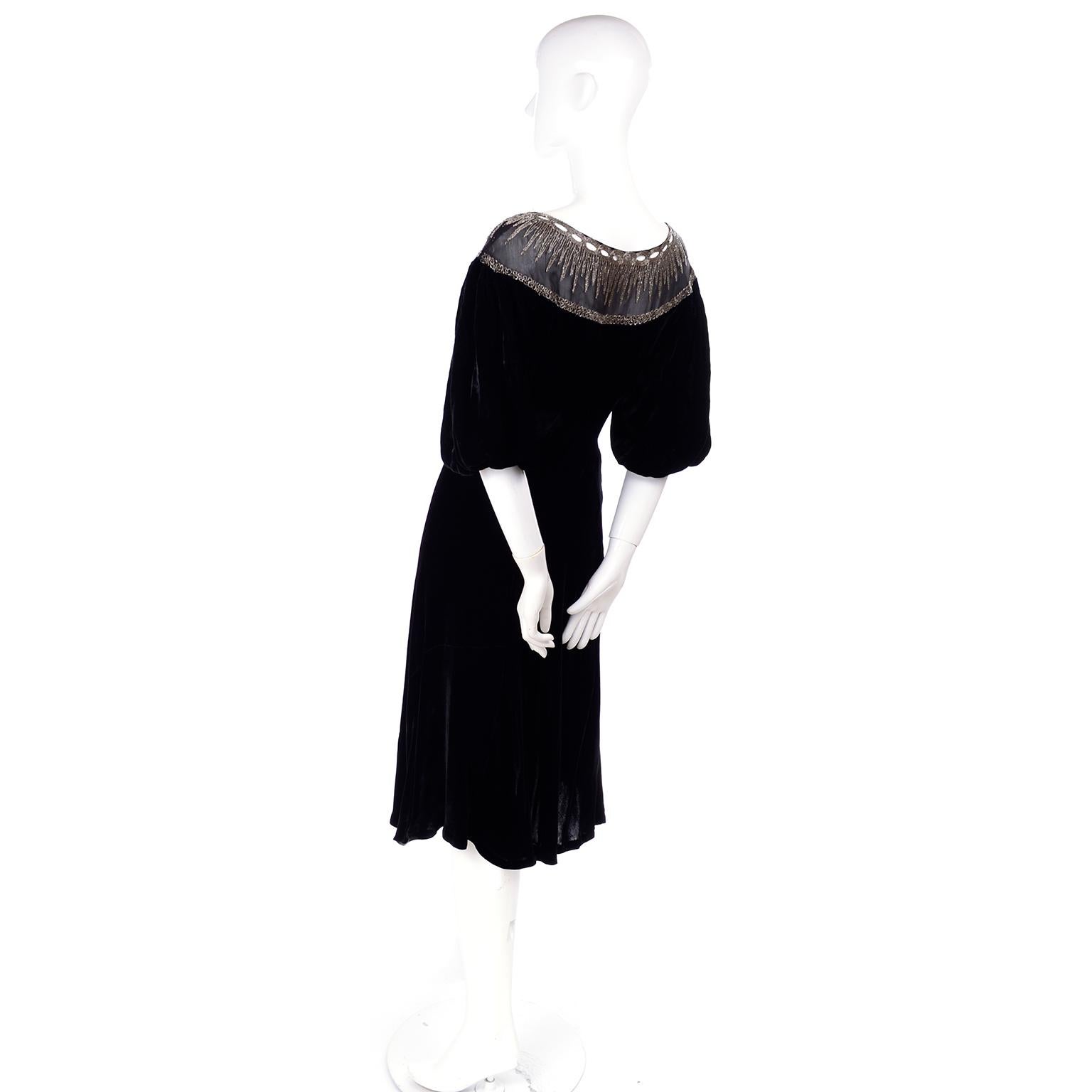 1930s Black Velvet Beaded Evening Dress With Illusion Bodice  3