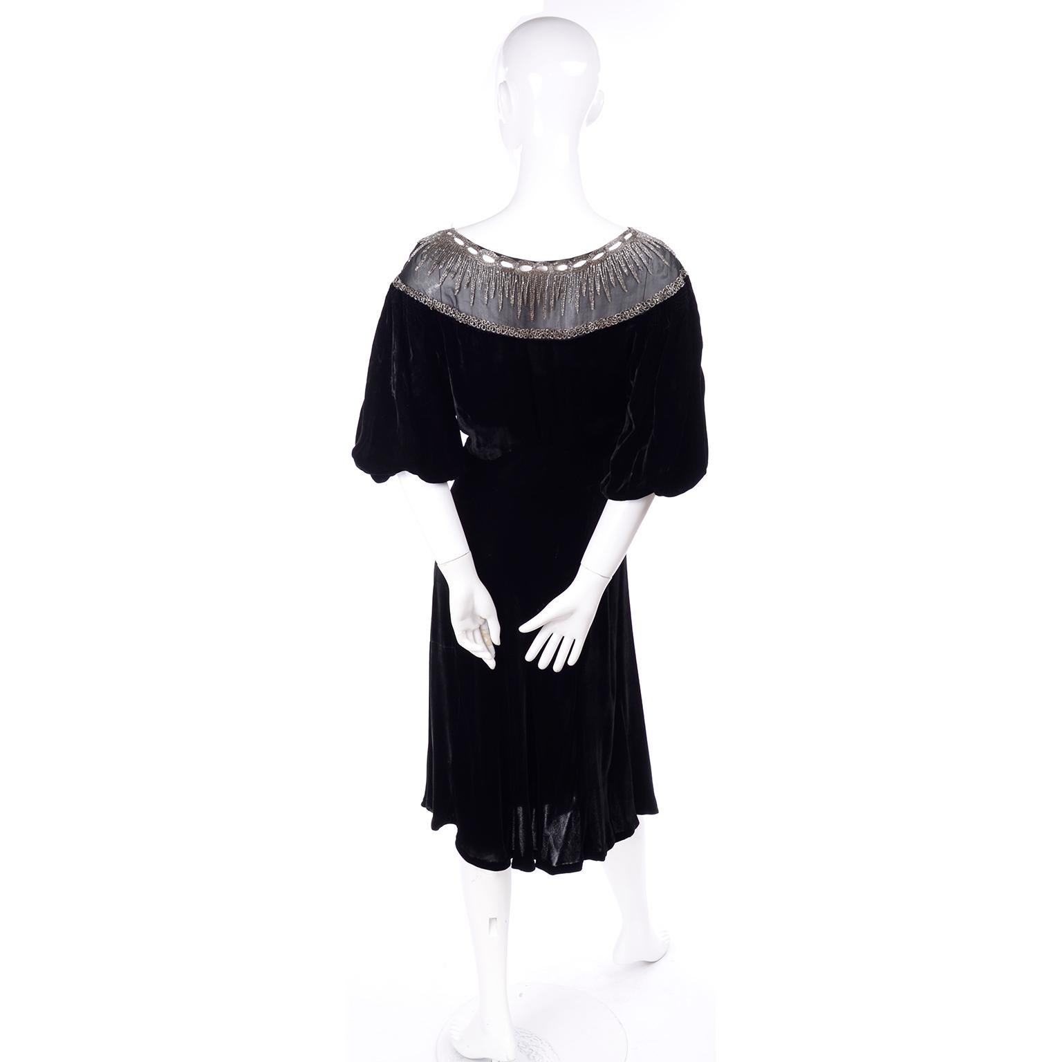 1930s Black Velvet Beaded Evening Dress With Illusion Bodice  4