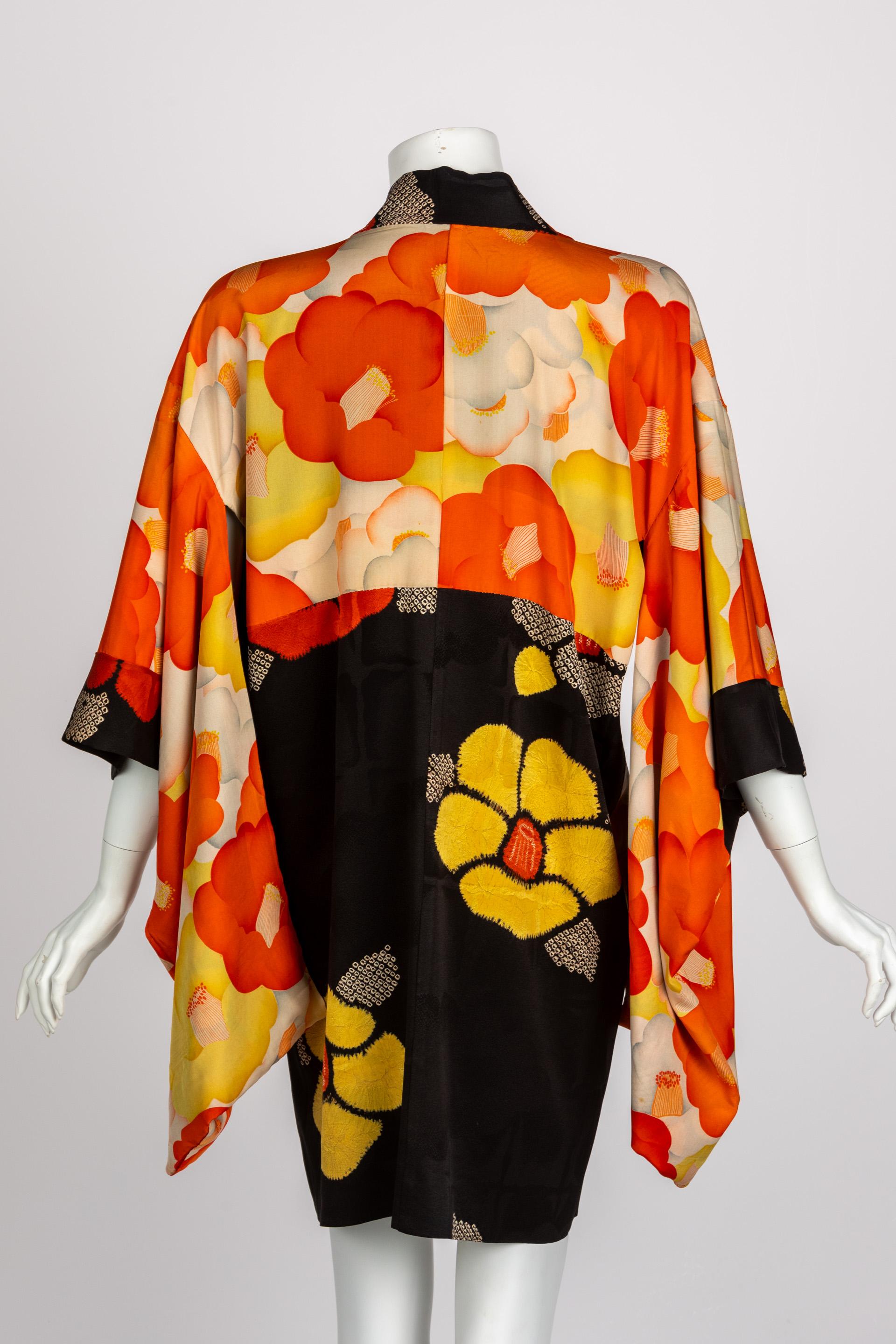 1930s Black Vibrant Shibori Flower Silk Kimono Jacket  7