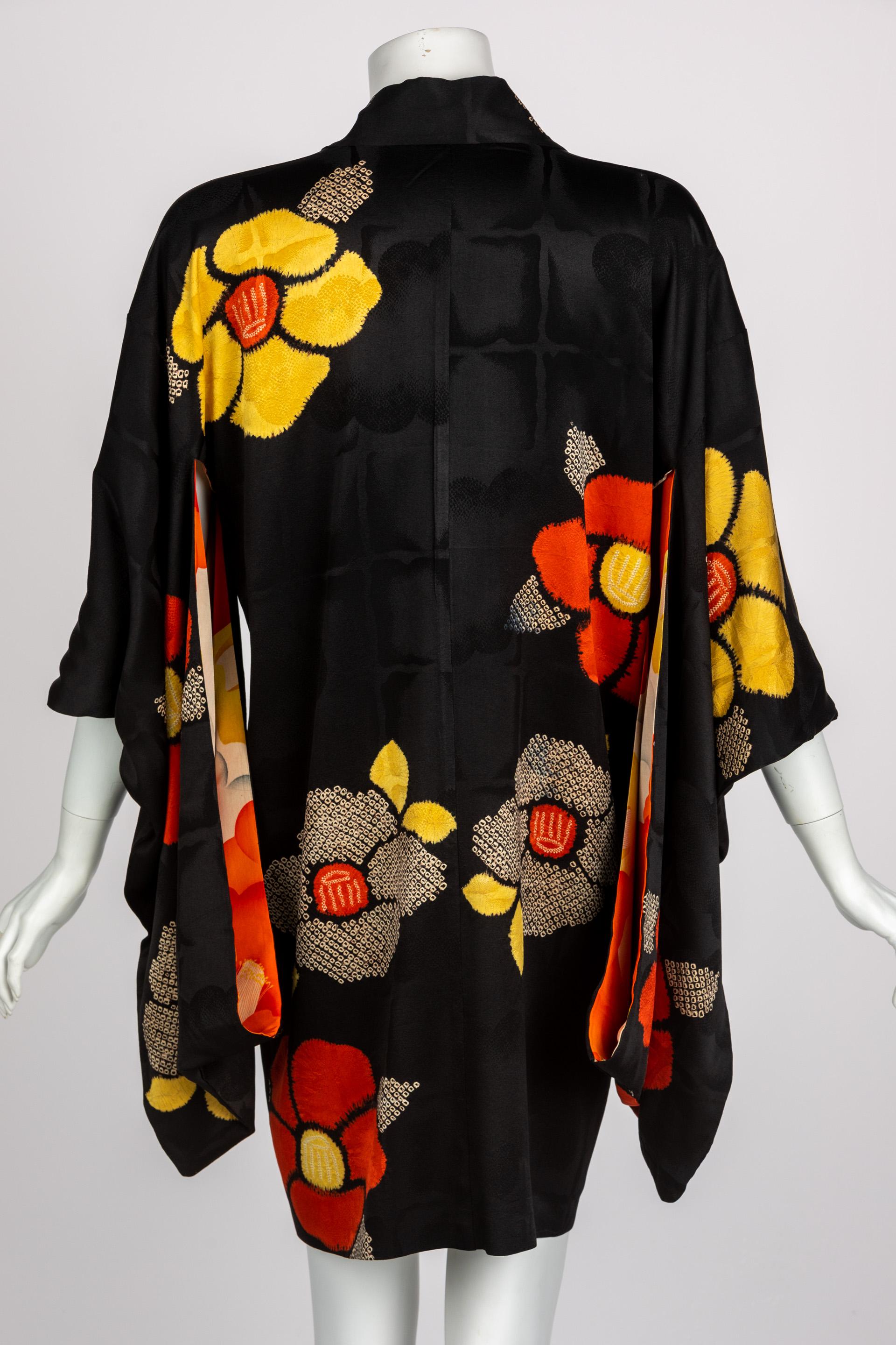 1930s Black Vibrant Shibori Flower Silk Kimono Jacket  1