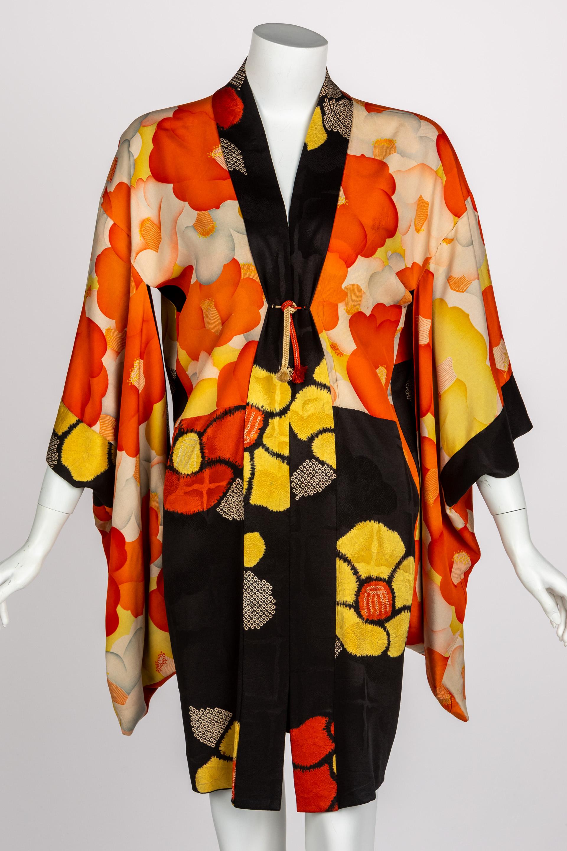 1930s Black Vibrant Shibori Flower Silk Kimono Jacket  3