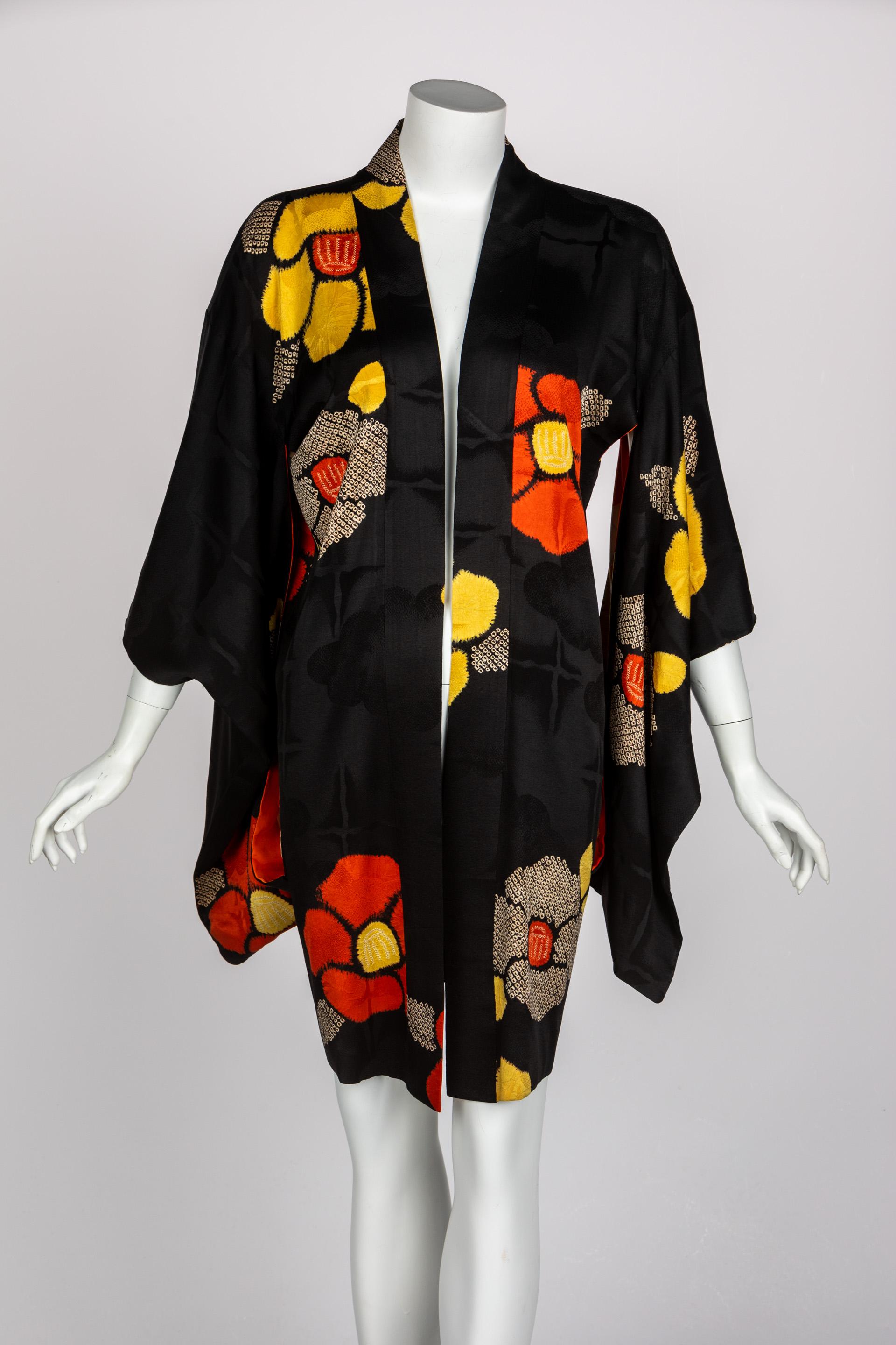Women's 1930s Black Vibrant Shibori Flower Silk Kimono Jacket 