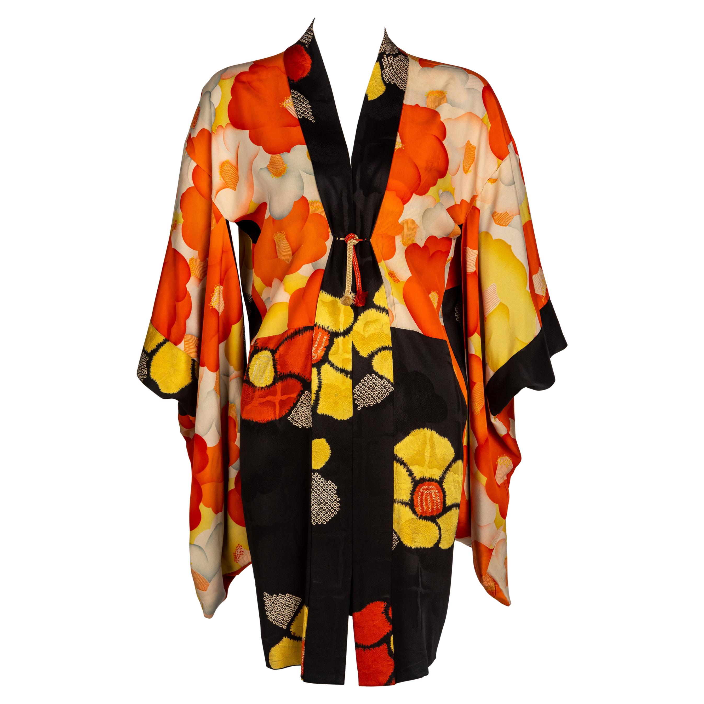 1930s Black Vibrant Shibori Flower Silk Kimono Jacket  For Sale