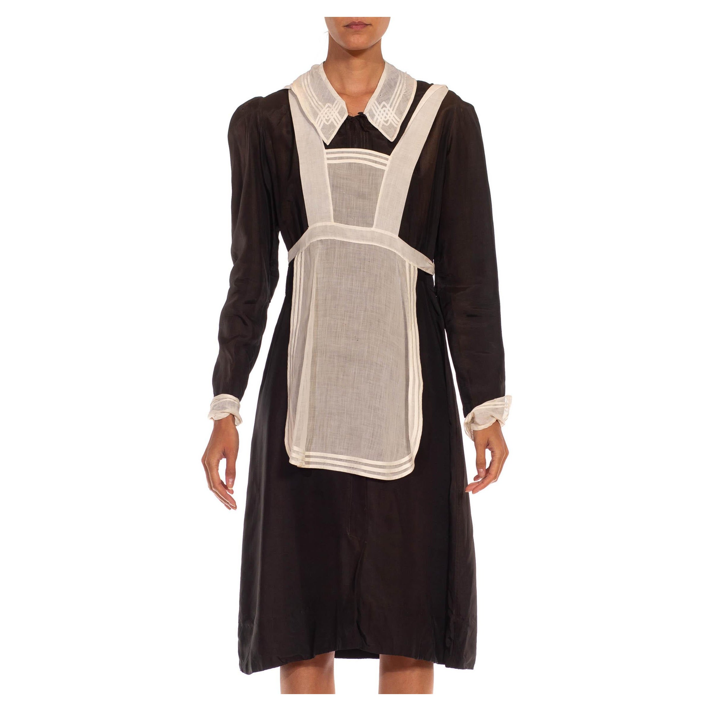 1930S Black 
White Acetate French Maid Dress With Art Deco Trim